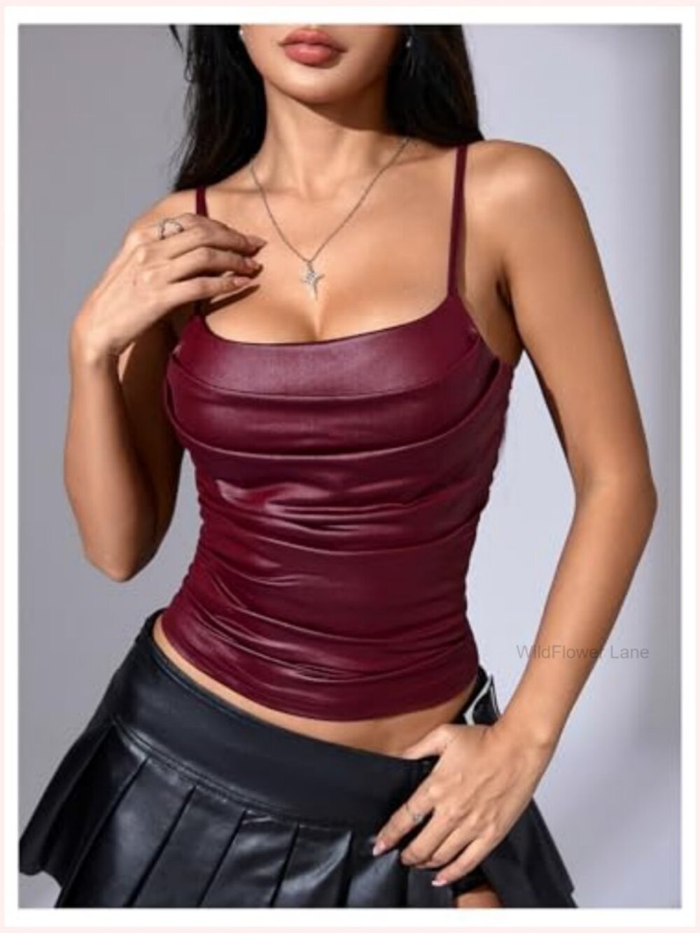 PU Leather Draped Camisole Spaghetti Strap Sleeveless Cami Top - Picture 3 of 5